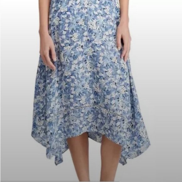 Ralph Lauren Skirt Women's Plus Floral Print A-line Handkerchief Hem White Blue - Picture 1 of 8